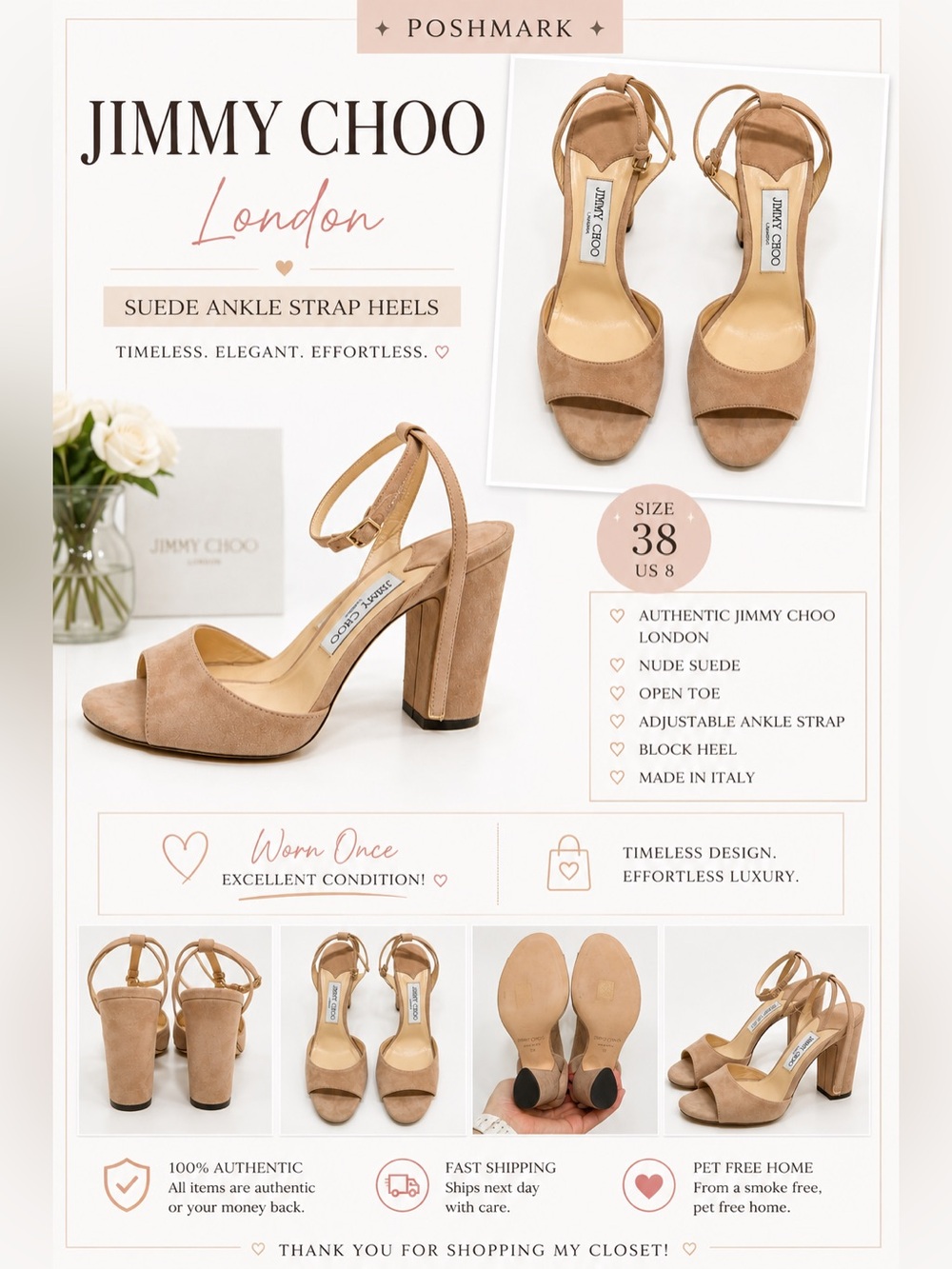Jimmy Choo Nude Suede Open-Toe Ankle-Strap Block Heels